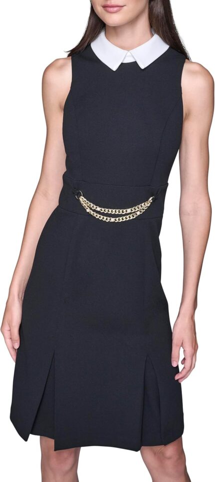 Karl Lagerfeld Womens Sleeveless Collared Chain Trim Waistband Scuba Crepe Sheath Dress.jpg