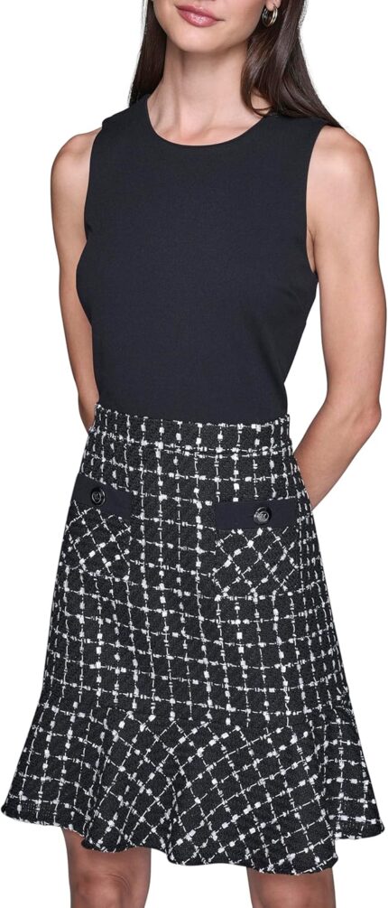 Karl Lagerfeld Womens Sleeveless Contrast Grid Tweed Skirt A line Dress.jpg