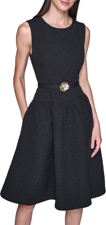 Karl Lagerfeld Womens Sleeveless Crew Neck Flower Belt Floral Stretch Jacquard A line Dress.jpg
