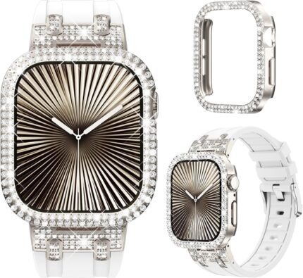 NewWays for Apple Watch Band with Case Women Luxury Designer Bling 2 Row Diamonds Case Silicone Band with Metal Adapters for Series 11 10 9 8 7 6 5 4 Bands.jpg