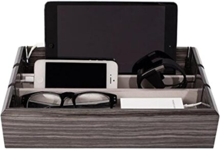 OYOBox Tech Tray Luxury Personal Electronics Organizer Designer Lacquered Wood Stand Display Stores and Charges Multiple Devices Including Tablets iPhone iPad and Smart Watches Zebra Grey.jpg