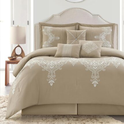 Queen Comforter Set Taupe 7 Pieces in a Bag Chain Stitching Embroidery Home Decor All Seasons Bedding Set with Comforter Bedskirt Pillow Shams and Decor Pillows.jpg