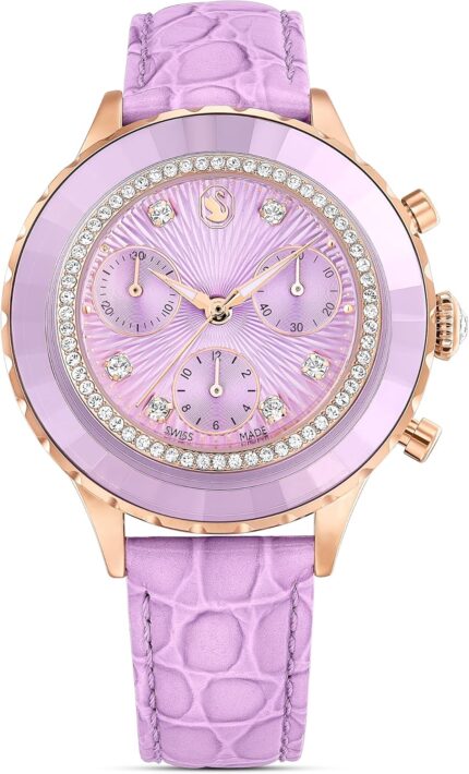 Swarovski Octea Chrono Watch Swiss Made Leather Strap Purple Rose Gold Tone Finish.jpg