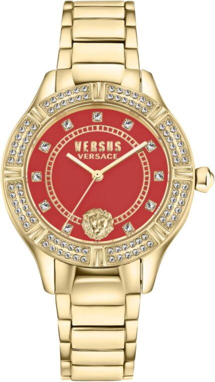 Versus Versace Canton Road Crystal Collection Luxury Womens Watch Timepieces with a Gold Bracelet and Case Featuring a Red Dial.jpg