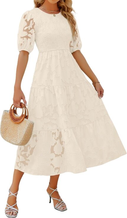 ZESICA Womens 2026 Summer Short Puff Sleeve Crewneck Smocked Floral Lace Flowy A Line Tiered Maxi Dresses.jpg